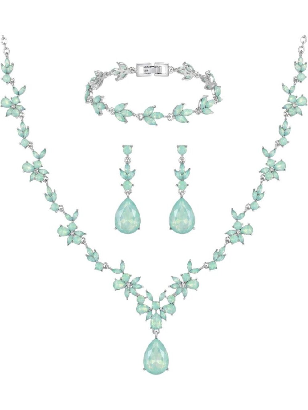 Elegant Bridal Jewelry Set - White Gold Plated Necklace, Dangle Earrings
